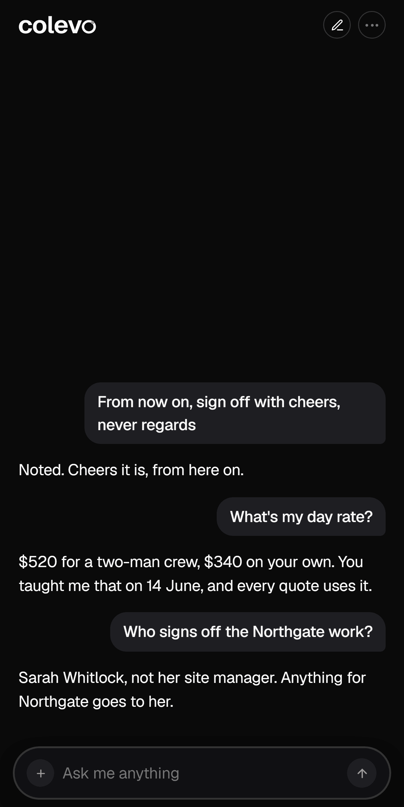 colevo remembering how Mike works: his sign-off, his day rate, and who signs off the Northgate work.